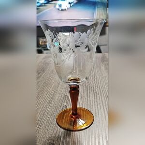 Vintage 1920 Cordial Dorflinger Stemware Etched Flowers with Amber Stem 4"